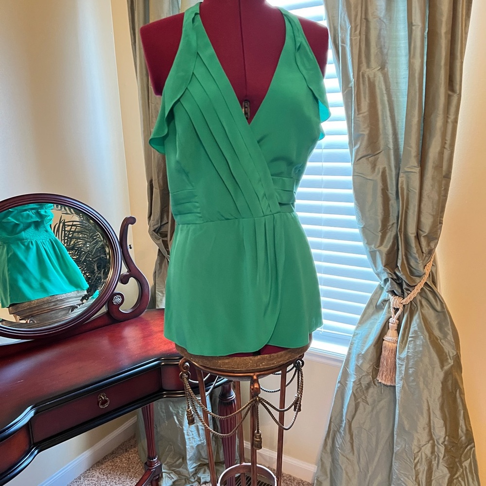 BCBG MaxAzria Emerald Green Ruffled Silk Halter Top, Size: L